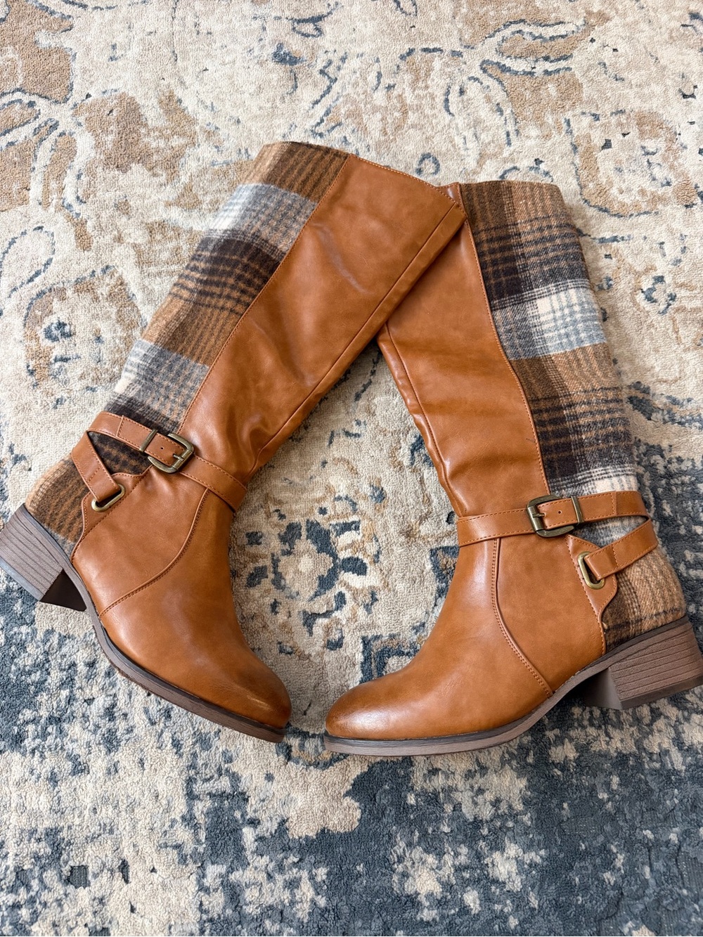 Pierre Dumas Cognac Brown Leather & Plaid Knee Boots